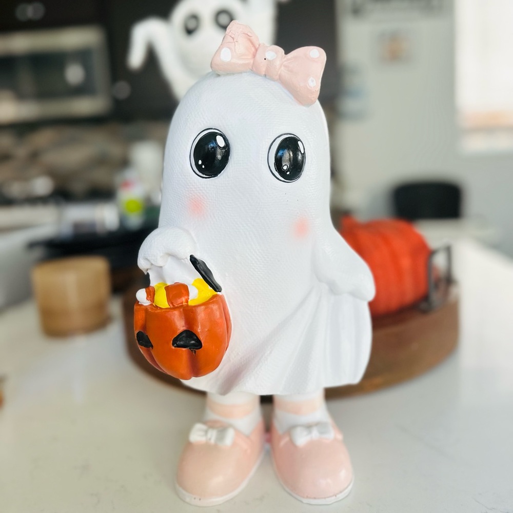 Ghost Girl in Pink with Halloween Bucket Decor/Figurine